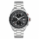 Chronograph sports watch with black dial and silver metal bracelet on white background