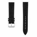 Black suede leather watch strap with silver buckle on white background