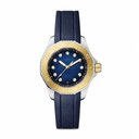 30mm sporty watch with blue dial and diamond-like markers, blue strap, and two-tone silver and gold case on white background
