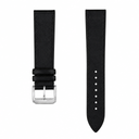 Black leather watch strap with silver buckle on white background