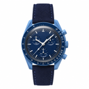 Blue chronograph wristwatch with blue suede strap on white background