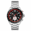 Chronograph sport watch with black dial, red accents, and stainless steel bracelet